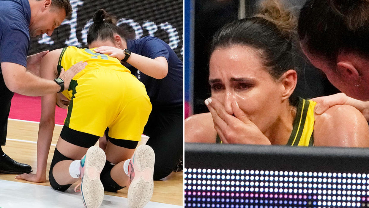 Opals star Bec Allen was visibly distressed after a scary incident in Australia's FIBA World Cup win against Serbia in Sydney. Pic: AAP 