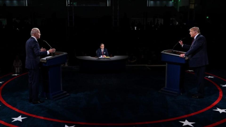 President Donald Trump and Democratic presidential nominee Joe Biden participate in the Sept. 29 presidential debate, moderated by Chris Wallace, a chaotic event described by CNN’s Dana Bash as “a sh*tshow.” (Photo by Olivier Douliery-Pool/Getty Images)