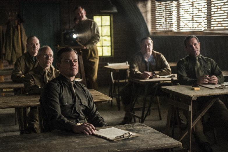 This image released by Columbia Pictures shows, from left, Bill Murray, Bob Balaban, Matt Damon, Hugh Bonneville, John Goodman and Jean Dujardin in "The Monuments Men." (AP Photo/Columbia Pictures, Claudette Barius)