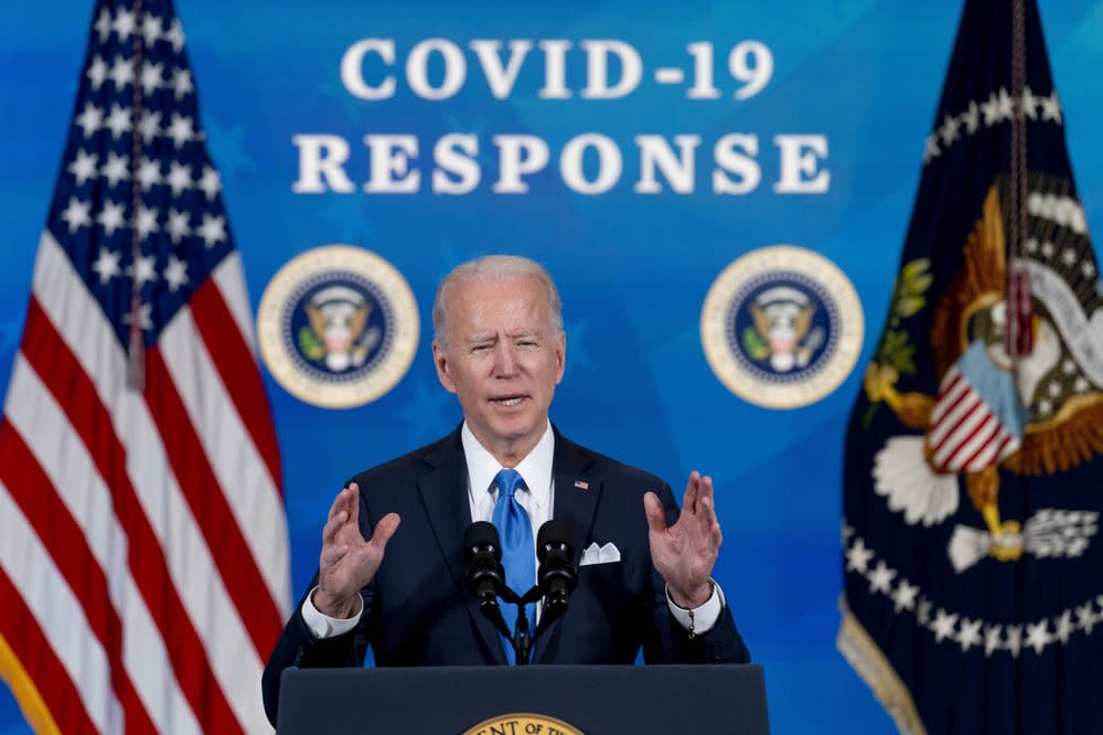 In the March 10, 2021, photo, President Joe Biden speaks in the South Court Auditorium in the Eisenhower Executive Office Building on the White House Campus in Washington. (AP Photo/Andrew Harnik)