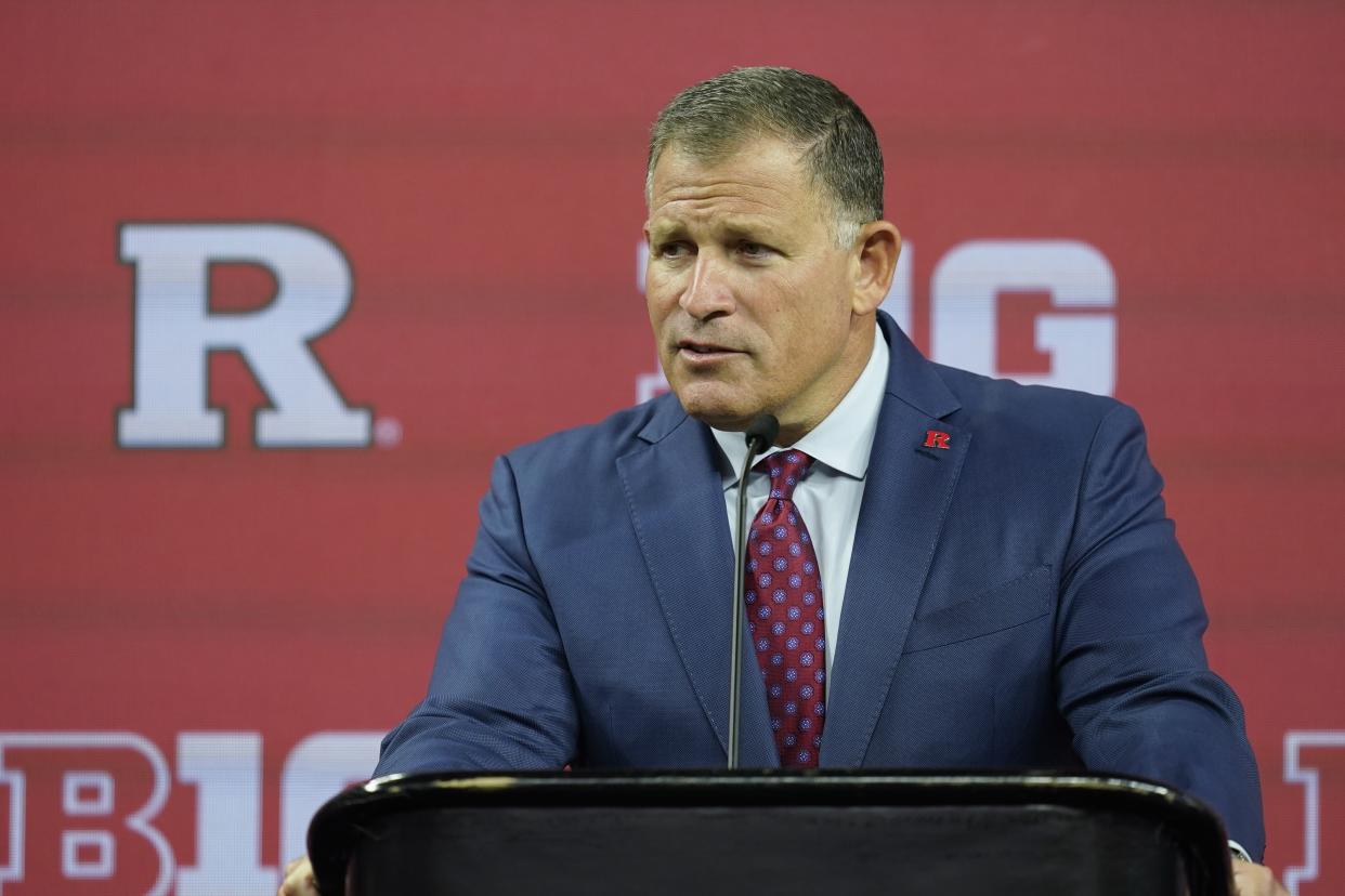 Rutgers head coach Greg Schiano talks to reporters during an NCAA college football news conference at the Big Ten Conference media days, at Lucas Oil Stadium, Wednesday, July 27, 2022, in Indianapolis. (AP Photo/Darron Cummings)