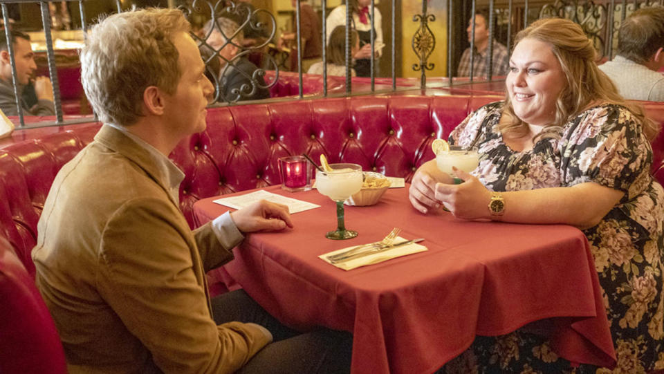 Phillip (Chris Geere) with Kate on their first date, before he opens up to her about his first wife, who was blind and who died tragically (when struck by a drunk driver) after they decided to end their marriage. - Credit: Courtesy of Ron Batzdorff/NBC