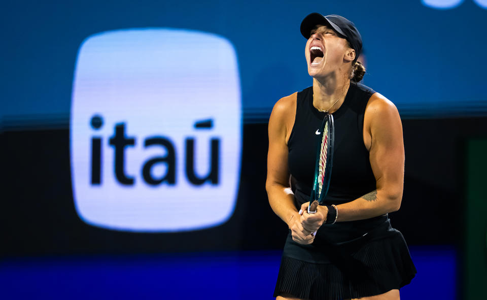 Aryna Sabalenka, pictured here in action against Anhelina Kalinina at the Miami Open.