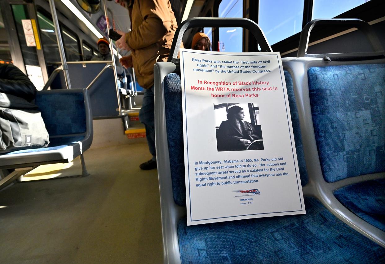 A seat on each WRTA bus is reserved in honor of Rosa Parks Wednesday.