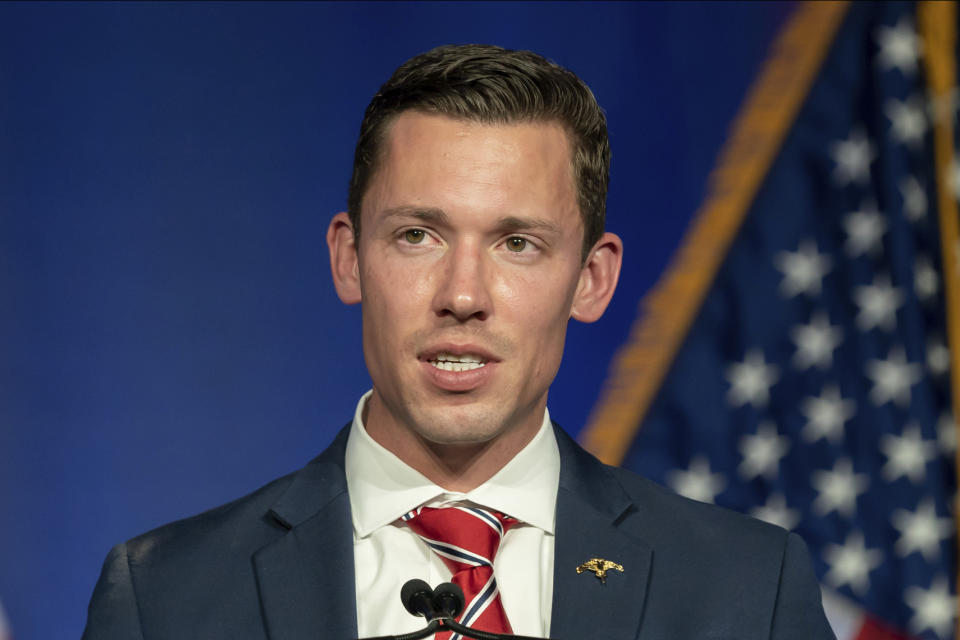 CORRECTS IDENTIFICATION TO TYLER KISTNER - FILE - In this Nov. 3, 2020 file photo, Tyler Kistner, Republican candidate in Minnesota’s 2nd Congressional District, speaks at Election Night Party in Bloomington, Minn. (Glen Stubbe/Star Tribune via AP, File)