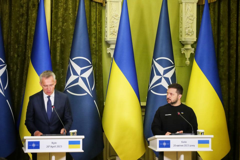 KYIV, UKRAINE - APRIL 20: Secretary General of NATO Jens Stoltenberg (L) and President Volodymyr Zelenskyi (R) during a meeting on April 20, 2023 in Kyiv, Ukraine. Main topics discussed by the Ukrainian head of state and the general secretary of NATO were security guarantees and the provision of weapons to Ukraine, necessary for the continuation of the fight against Russian troops. (Photo by Andriy Zhyhaylo/Obozrevatel/Global Images Ukraine via Getty Images)