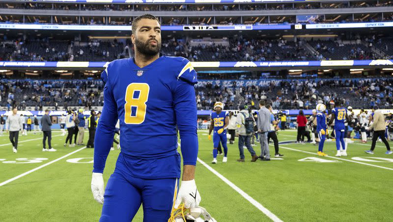 Los Angeles Chargers linebacker Kyle Van Noy walks to the locker room after game against the Tennessee Titans on Dec. 18, 2022, in Inglewood, Calif. The former BYU star is currently a free agent.