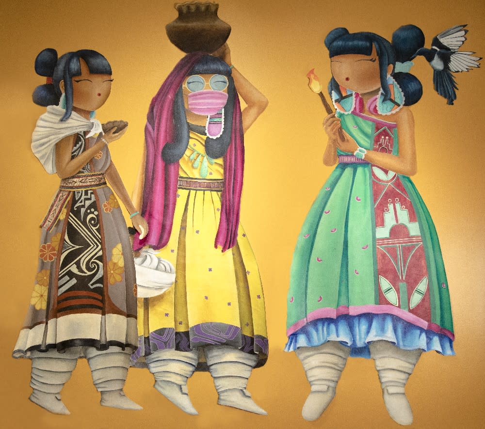 A piece by late Taos Pueblo and Navajo artist Deanna Autumn Leaf Suazo featured in the exhibit Traditional Girl With a Contemporary Pop, running through Feb. 18, 2023, at the Indian Pueblo Cultural Center in Albuquerque, NM. (Courtesy IPCC)