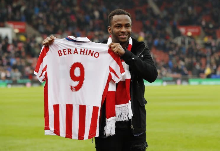 Britain Soccer Football - Stoke City v Manchester United - Premier League - bet365 Stadium - 21/1/17 New Stoke City signing Saido Berahino poses with his shirt before the match Reuters / Darren Staples Livepic EDITORIAL USE ONLY. No use with unauthorized audio, video, data, fixture lists, club/league logos or 