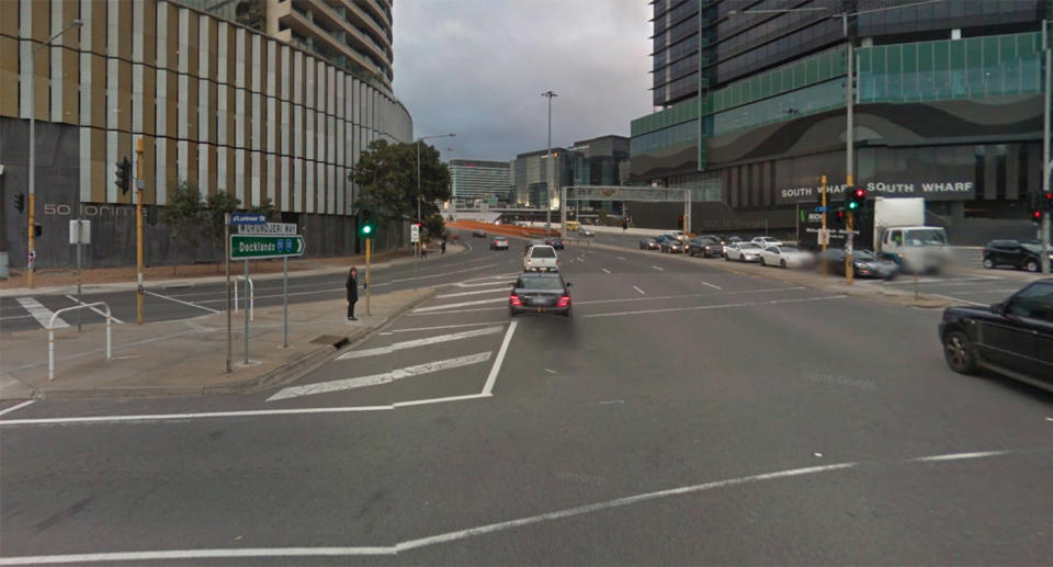 A painted traffic island is seen at this Melbourne intersection, ahead of a left turn towards the Docklands. Source: Google Maps