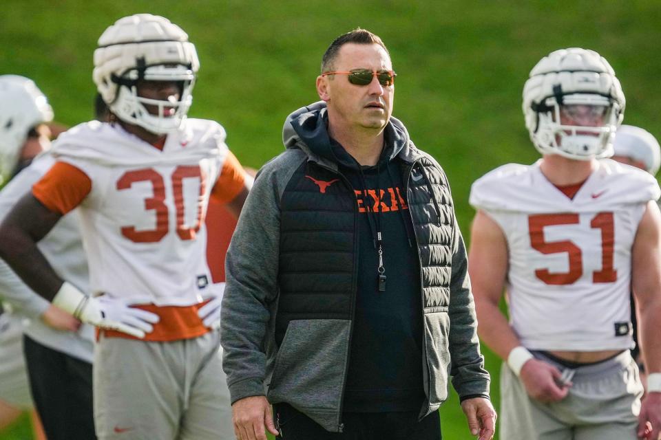 Texas coach Steve Sarkisian is optimistic after a brisk start to spring football practice at Denius Fields on Tuesday. The Longhorns open the season against Colorado State on Aug. 31.