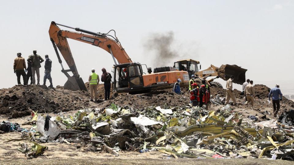 PHOTO: A power shovel digs at the crash site of Ethiopia Airlines near Bishoftu, a town southeast of Addis Ababa, Ethiopia,  March 11, 2019. Airlines in Ethiopia, China and Indonesia grounded Boeing 737 MAX 8 jets. (Michael Tewelde/AFP via Getty Images)