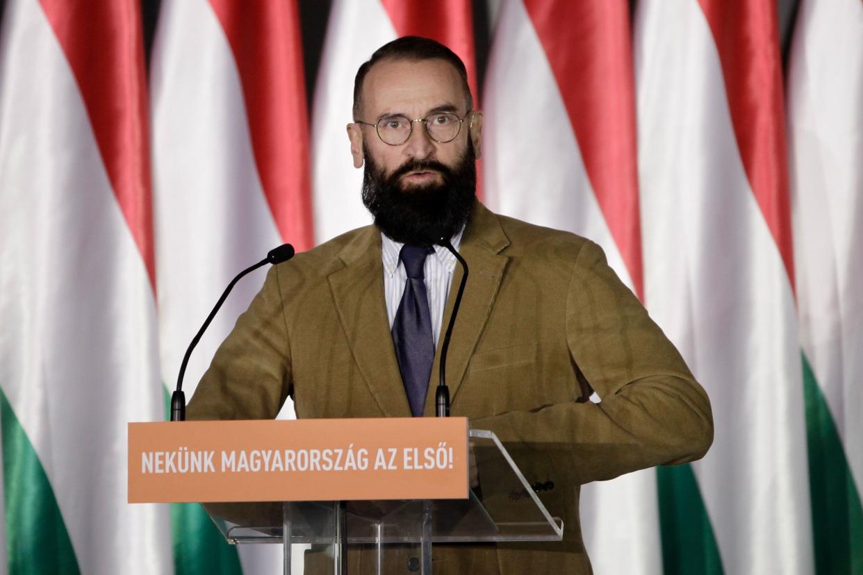 Fidesz-KDNP Member of the European Parliament Jozsef Szajer gives a speech to launch the campaign of the right-wing Fidesz ruling party ahead of the European Parliament elections on April 5, 2019 in Budapest. (Photo by PETER KOHALMI / AFP)        (Photo credit should read PETER KOHALMI/AFP via Getty Images)