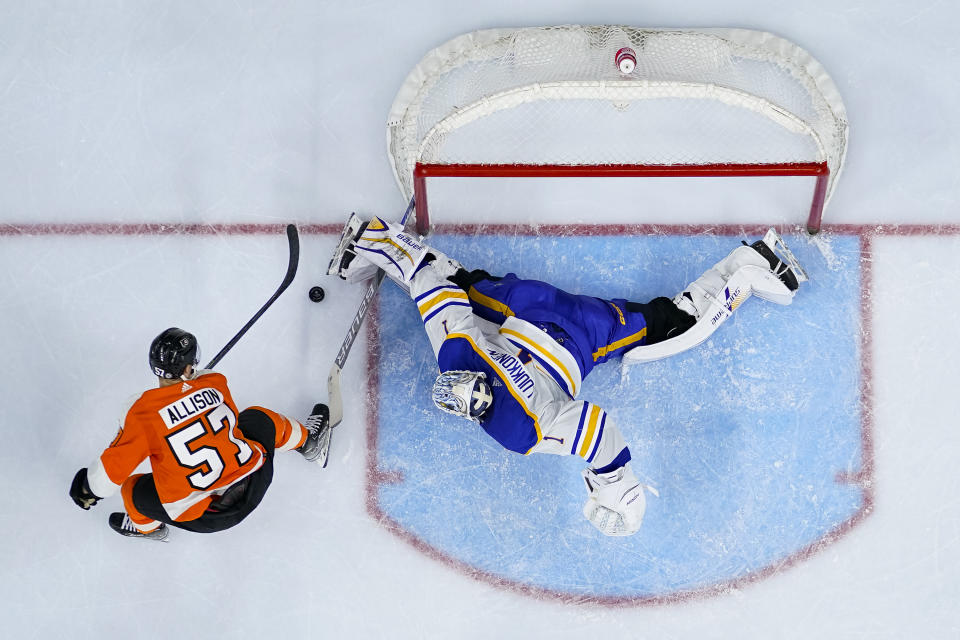 Buffalo Sabres' Ukko-Pekka Luukkonen, right, makes a save against Philadelphia Flyers' Wade Allison during the second period of an NHL hockey game Saturday, April 1, 2023, in Philadelphia. (AP Photo/Chris Szagola)