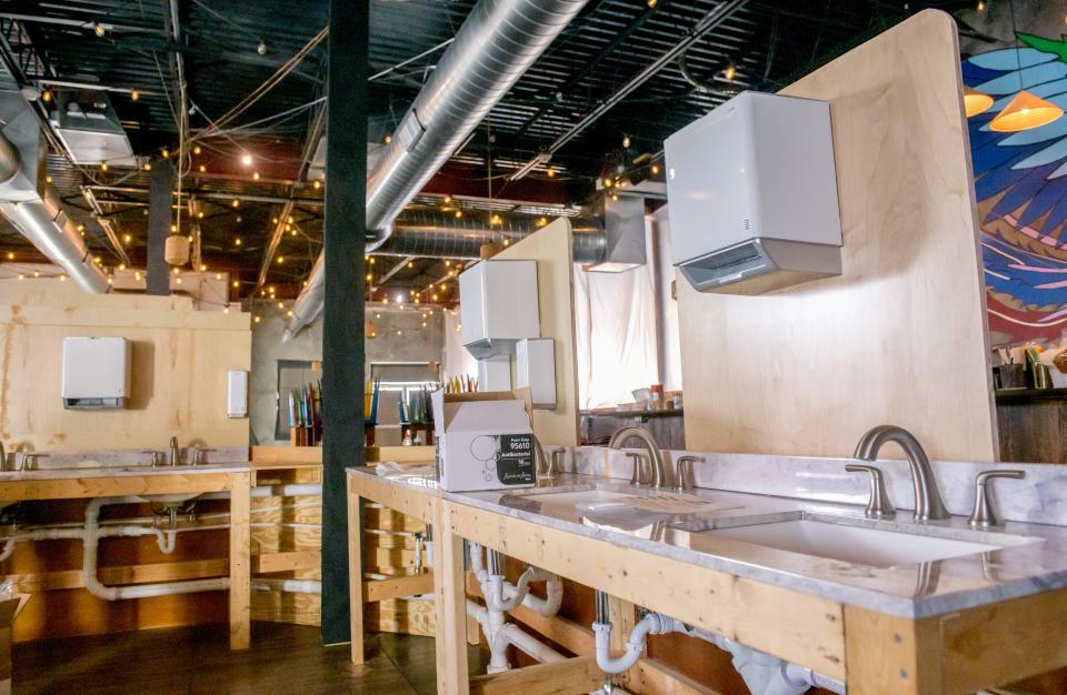 Hand-washing stations are being installed for customers to use when they enter the new Farmer's Buffet, currently being prepped for opening in the Pho Noodle House site in East Peoria.