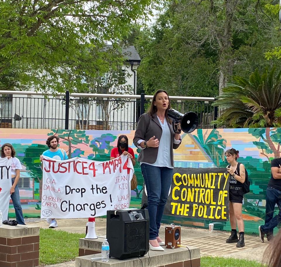 Democrat Nikki Fried speaks during student protest to fight against HB999 as Florida Board of Governors committee meetings are being held at FAMU on Tuesday, March 28, 2023.