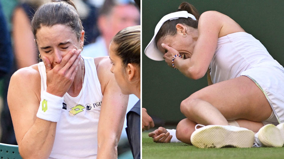 Seen here, a shattered Alize Cornet was left in tears during her loss to Elena Rybakina at Wimbledon.