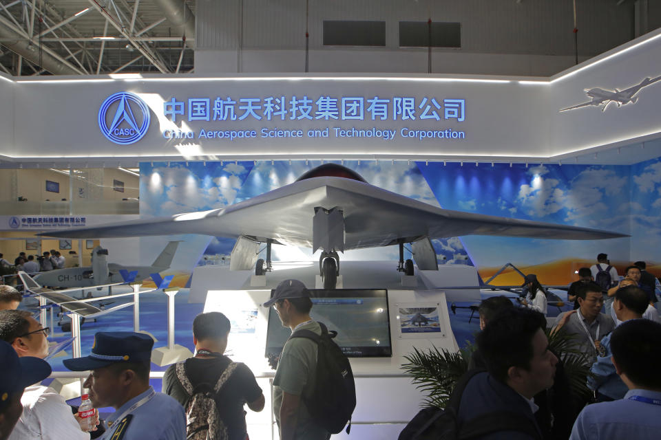 In this Tuesday, Nov. 6, 2018, file photo, China's new-generation stealth unmanned combat aircraft prototype, the CH-7, is displayed during the 12th China International Aviation and Aerospace Exhibition, also known as Airshow China 2018, in Zhuhai city, south China's Guangdong province. (AP Photo/Kin Cheung, File)