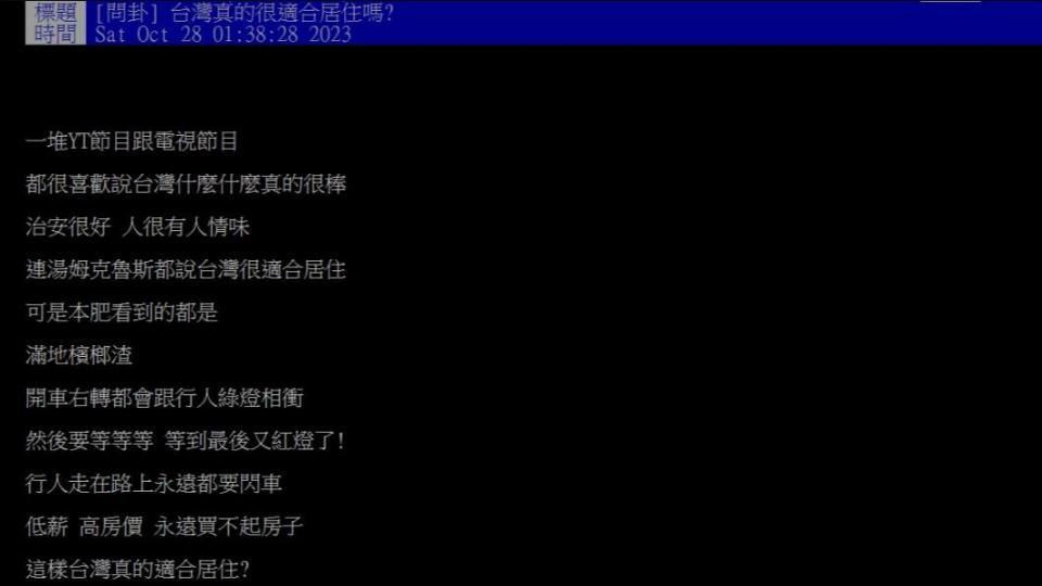 原PO好奇「台灣真的很適合居住嗎?」（圖 / 翻攝自PTT）