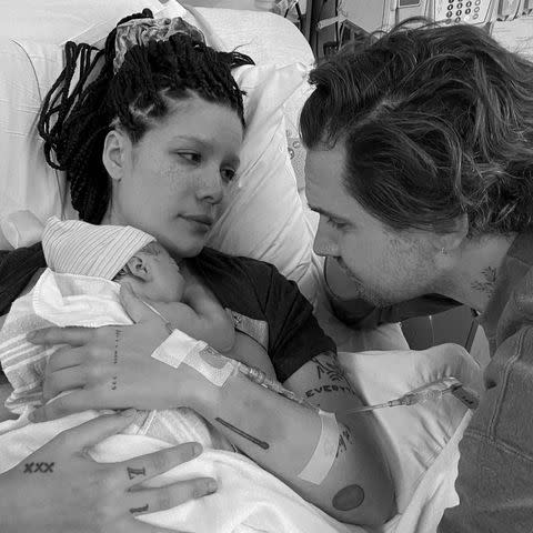 <p>Halsey Instagram </p> Halsey and Alev Aydin holding their newborn son Ender