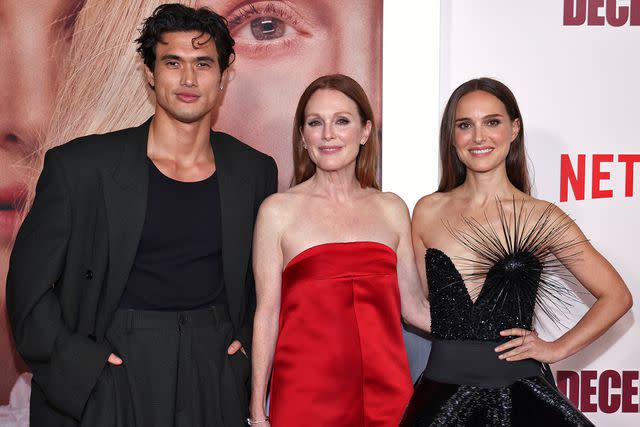 <p>Natasha Campos/Getty</p> Charles Melton, Julianne Moore and Natalie Portman attend Netflix's May December Los Angeles premiere at Academy Museum of Motion Pictures on November 16, 2023