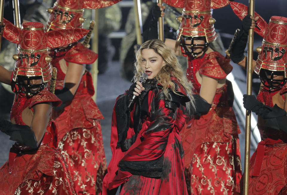 U.S. singer Madonna performs during the Rebel Heart World Tour in Macau, China, Saturday, Feb. 20, 2016. (AP Photo/Kin Cheung)