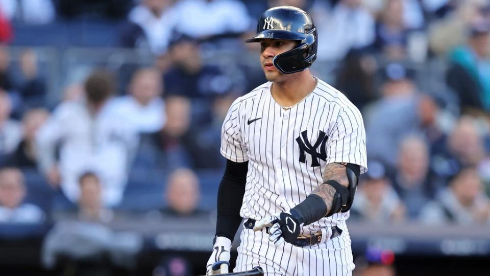 Oct 18, 2022;  Bronx, New York, USA;  New York Yankees second baseman Gleyber Torres (25) reacts after walking against the Cleveland Guardians during the first inning in game five of the ALDS for the 2022 MLB Playoffs at Yankee Stadium