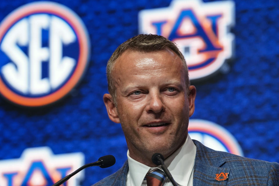 Auburn head coach Bryan Harsin speaks during NCAA college football Southeastern Conference Media Days, Thursday, July 21, 2022, in Atlanta. (AP Photo/John Bazemore)