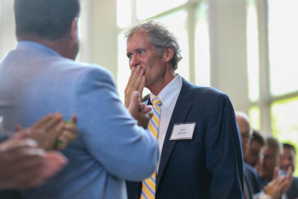 West Lafayette Mayor, John Dennis, begins to be overwhelmed with joy after Purdue President Mitch Daniels publicly thanks Dennis for the years of work that he has done for the growth and success of Purdue University, on Wednesday, July 20, 2022, in West Lafayette.