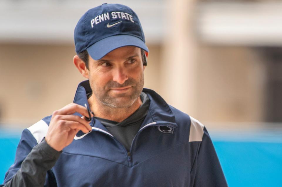 Manny Diaz, defensive coordinator, enters Holuba Hall  during Penn State Pro Day in at State College.