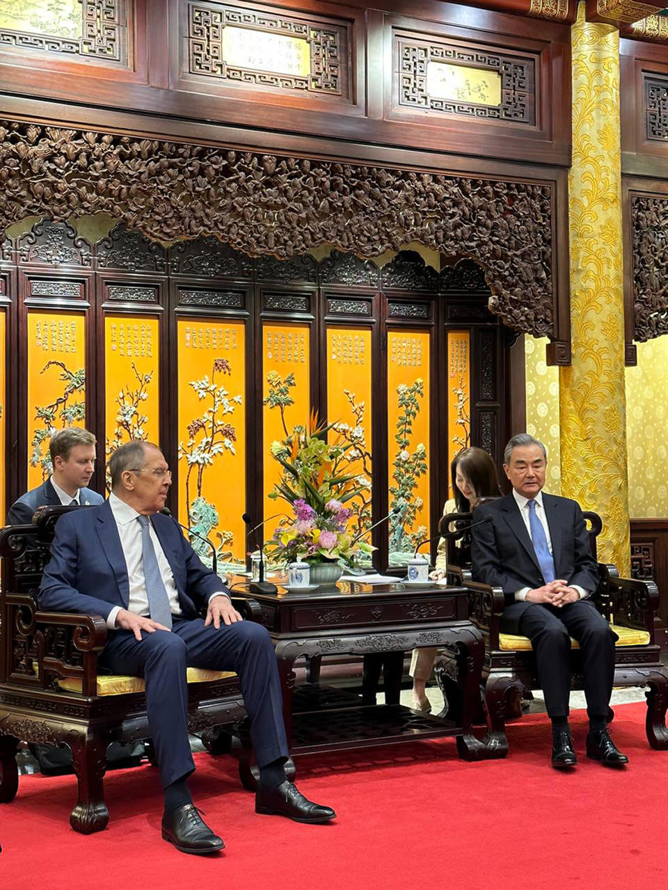 In this photo released by Russian Foreign Ministry Press Service on Monday, April 8, 2024, Russian Foreign Minister Sergey Lavrov, left, and Chinese Foreign Minister Wang Yi during their meeting in Beijing, China. Russian Foreign Minister Sergey Lavrov is visiting Beijing to display the strength of ties with close diplomatic ally China amid Moscow's grinding war against Ukraine. (Russian Foreign Ministry Press Service via AP)
