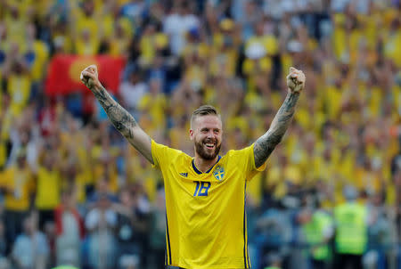 Soccer Football - World Cup - Group F - Sweden vs South Korea - Nizhny Novgorod Stadium, Nizhny Novgorod, Russia - June 18, 2018 Sweden's Pontus Jansson celebrates victory after the match REUTERS/Carlos Barria