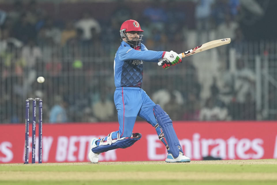 Afghanistan's Rashid Khan bats during the ICC Cricket World Cup match between Afghanistan and New Zealand in Chennai, India, Wednesday, Oct. 18, 2023. (AP Photo/Eranga Jayawardena)