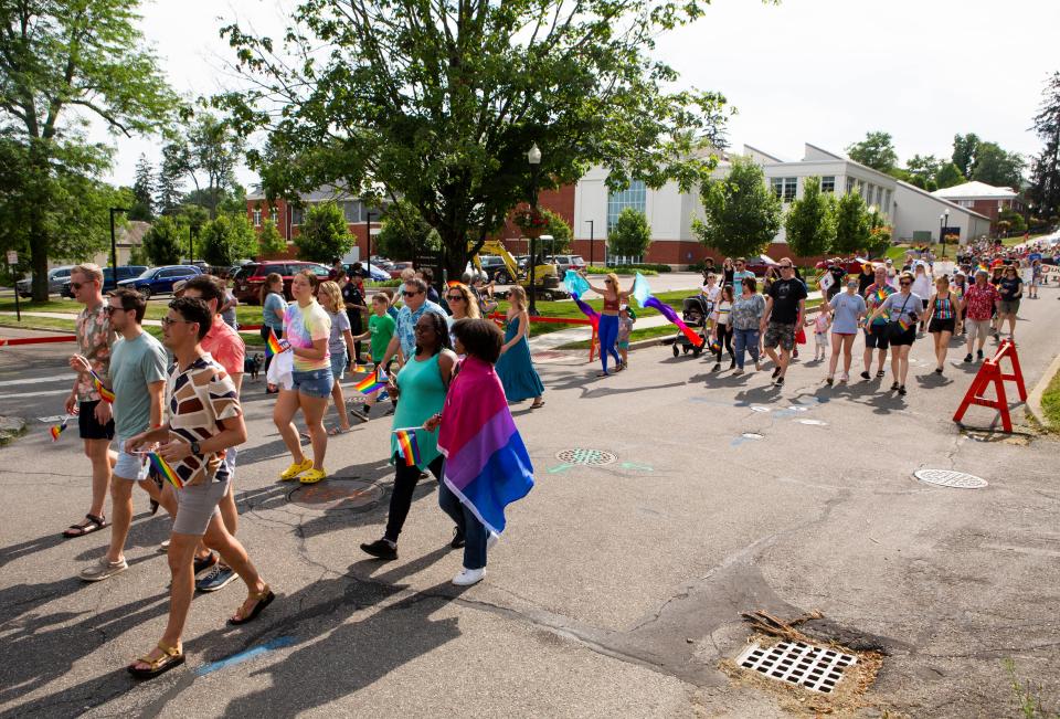 A large crowd gathered and marched during the Granville Pride Parade and Festival in Granville, Ohio on June 25, 2022. 