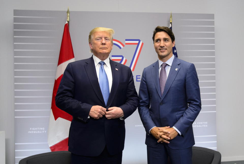 Canadian Prime Minister Justin Trudeau takes part in a bilateral meeting with U.S. President Donald Trump on the second day of the G-7 summit in Biarritz, France Sunday, Aug. 25, 2019. (Sean Kilpatrick/The Canadian Press via AP)