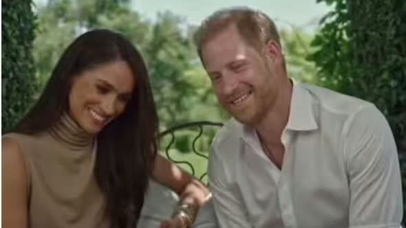 Prince Harry and Meghan Markle in the garden of their Montecito home