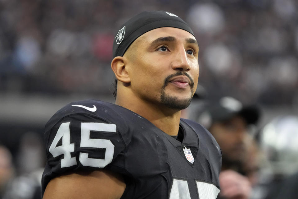 FILE - Las Vegas Raiders fullback Jakob Johnson (45) leave the field after an NFL football game against the Houston Texans, Oct 23, 2022, in Las Vegas. Several German players have had success in the NFL. The Las Vegas Raiders fullback reached the NFL in 2019 through the league's International Player Pathway Program. (AP Photo/Rick Scuteri, file)