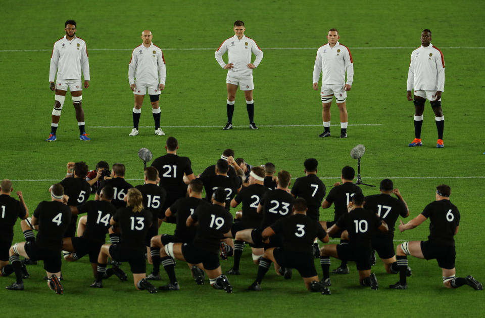 YOKOHAMA, JAPAN - OCTOBER 26: The England team face The Haka during the Rugby World Cup 2019 Semi-Final match between England and New Zealand at International Stadium Yokohama on October 26, 2019 in Yokohama, Kanagawa, Japan. (Photo by Richard Heathcote - World Rugby/World Rugby via Getty Images)