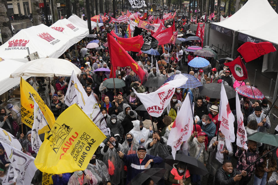 Opponents of Brazilian President Jair Bolsonaro, who is running for a second term, protest against him during independence bicentennial celebrations in Sao Paulo, Brazil, Wednesday, Sept. 7, 2022. (AP Photo/Andre Penner)