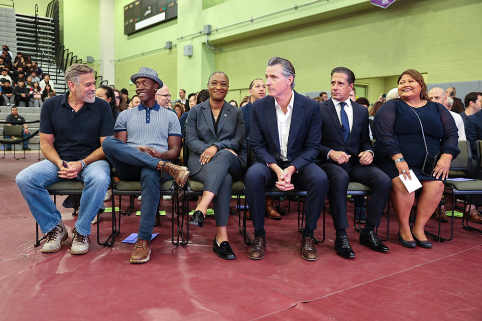 George Clooney, Don Cheadle, Senator Laphonza Butler, Governor Gavin Newsom, Alberto M. Carvalho and Blanca Cruz