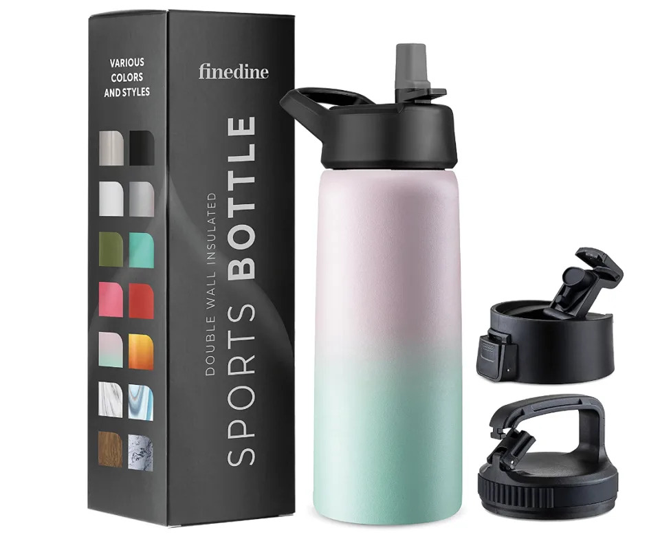 FineDine Water Bottle in pink and blue ombre next to black box and two lids (Photo via Amazon)