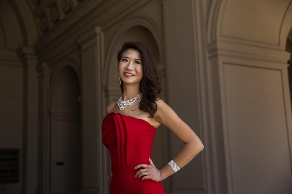 A woman in a red dress.