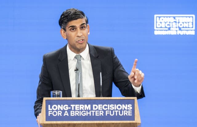 Prime Minister Rishi Sunak delivers his keynote speech (Danny Lawson/PA)