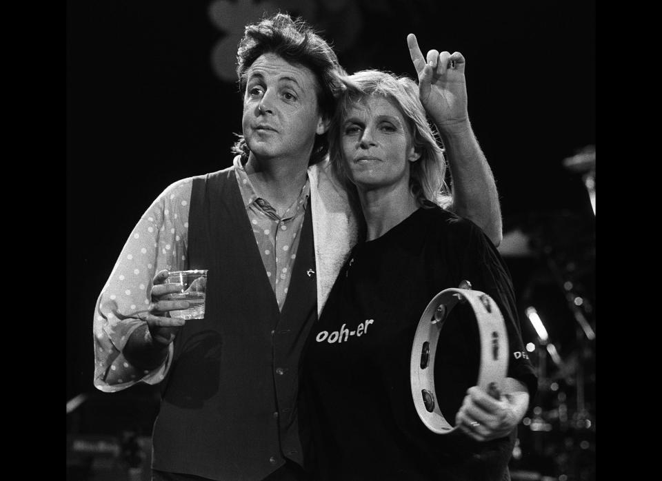 Paul McCartney and wife Linda pause for a break during rehearsals at the Playhouse Theatre in London.
