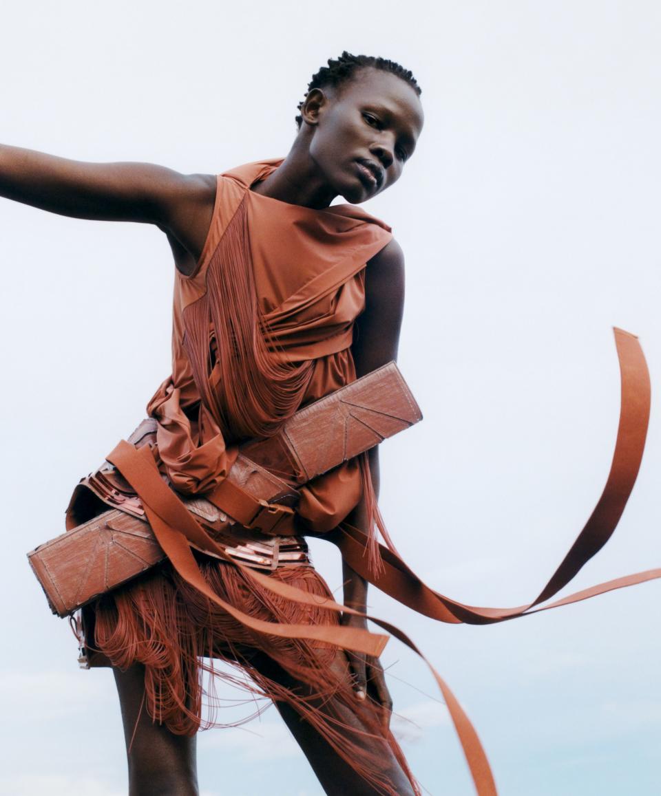 Model Shanelle Nyasiase in a draped and fringed top and shorts from Rick Owens’s powerful spring 2019 collection. Fashion Editor: Camilla Nickerson. Hair: Jimmy Paul; Makeup: Dick Page. Produced by Connect The Dots.