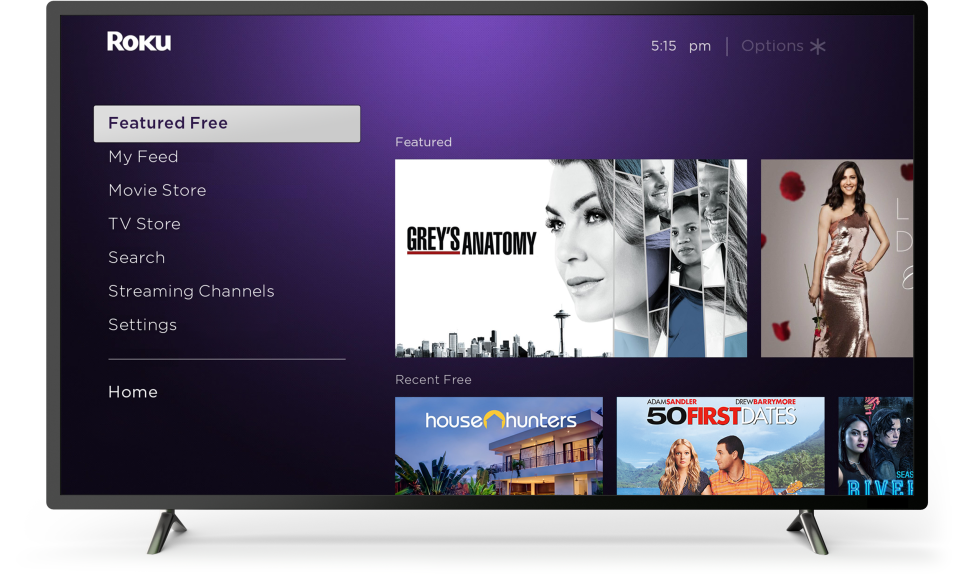 A television showing programs available on The Roku Channel.