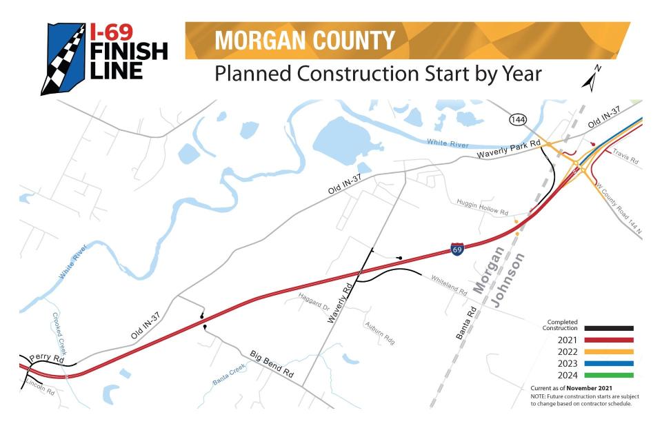 This map shows when construction is anticipated to begin along Ind. 37 near the Morgan/Johnson County line.
