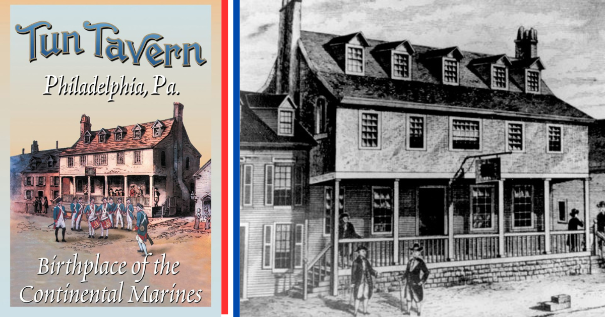 On the left, a promotional poster for Tun Tavern, on the left, a sketch of the Tavern in pencil