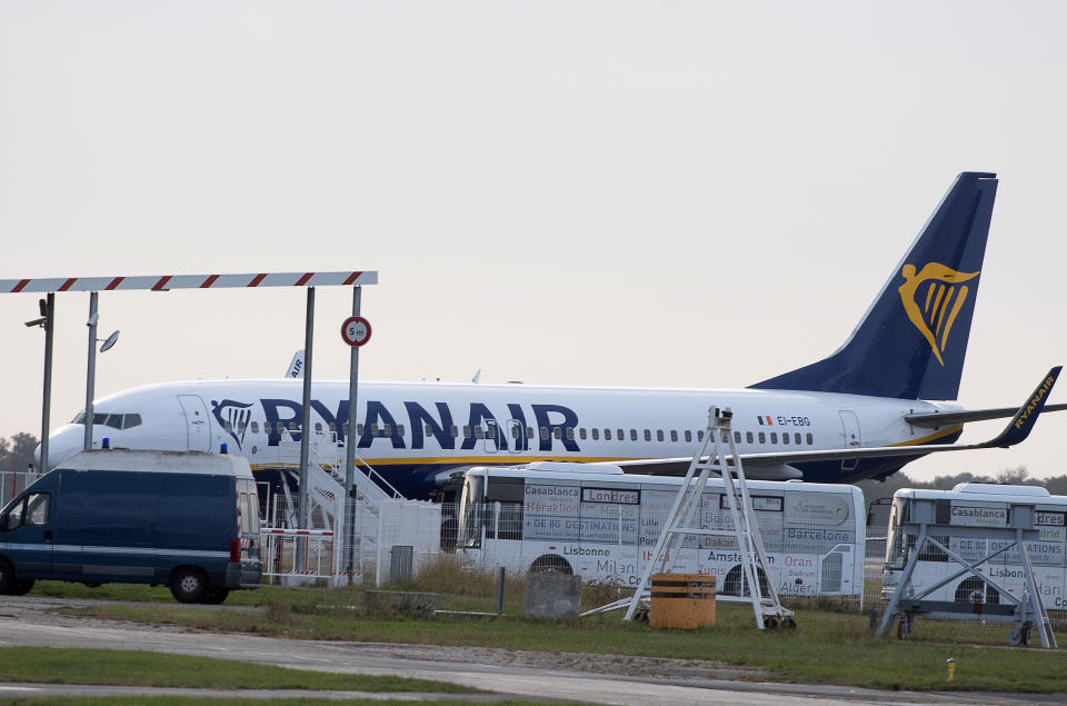 A Ryanair plane sits on the tarmac at the Bordeaux-Merignac airport in southwestern France, after being impounded by French authorities, Friday, Nov. 9, 2018. Storms, strikes, computer failures _ you can now add "your plane has been seized by the government" to the list of things that can delay your flight. (AP Photo)