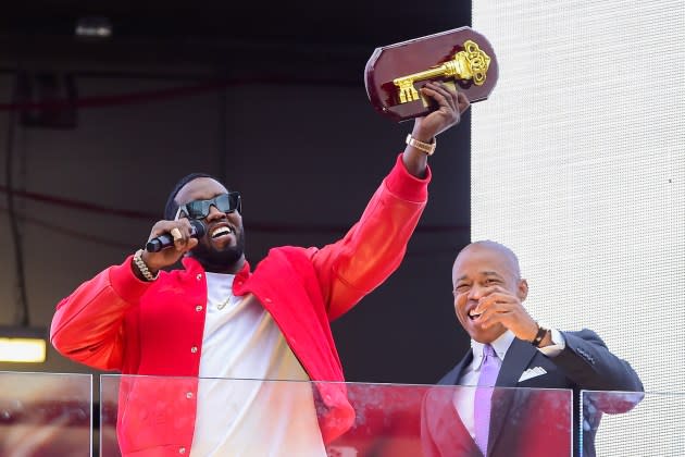 Sean "Diddy" Combs is seen receiving the Key to the City from Mayor Eric Adams in Times Square on September September 15, 2023 in New York City.  - Credit: Raymond Hall/GC Images